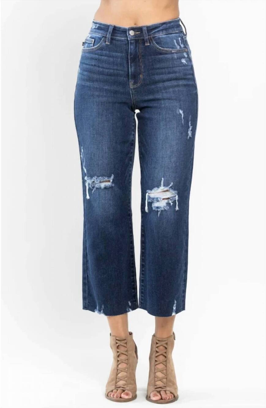 NEW JUDY BLUE women's wanda high waist destroyed wide leg crop jeans in blue